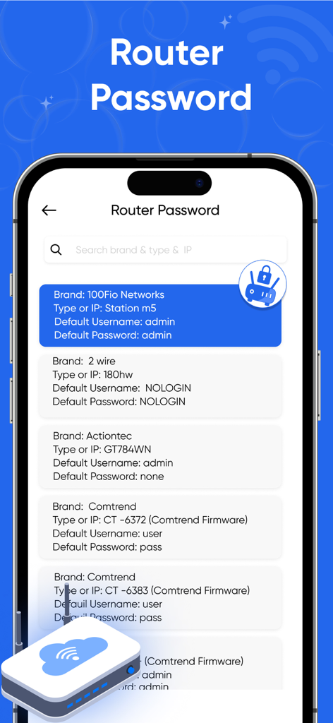 All Router Wifi Admin Setup - Mobile app screen showing a list of default router passwords by brand and model
