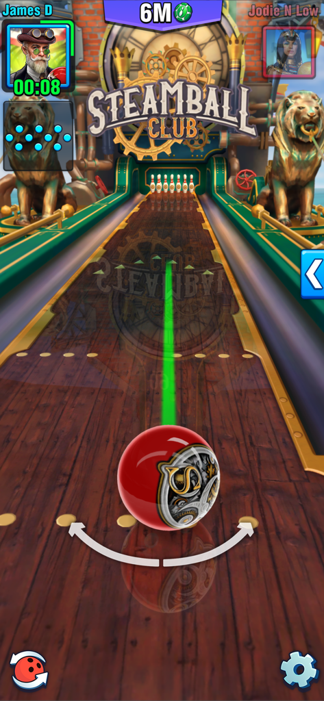 Bowling Crew — 3D Sport Game - 3D 스팀펑크 테마 볼링장의 나무 레인 위에 놓인 빨간색 볼링공