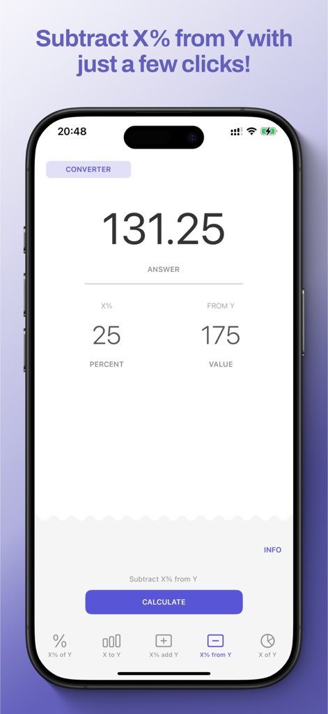 Schermata mobile dell'app i know percent che calcola il venticinque percento di sconto su centosettantacinque.