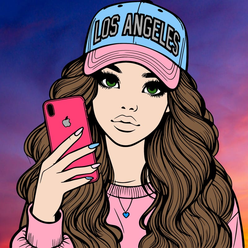 realistic beautiful girl wearing los ángeles cap holding an iphone