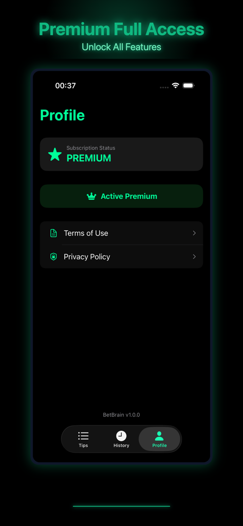 BetBrain - Ai Powered Tips - BetBrain app profile screen showing an active premium subscription status and account settings.