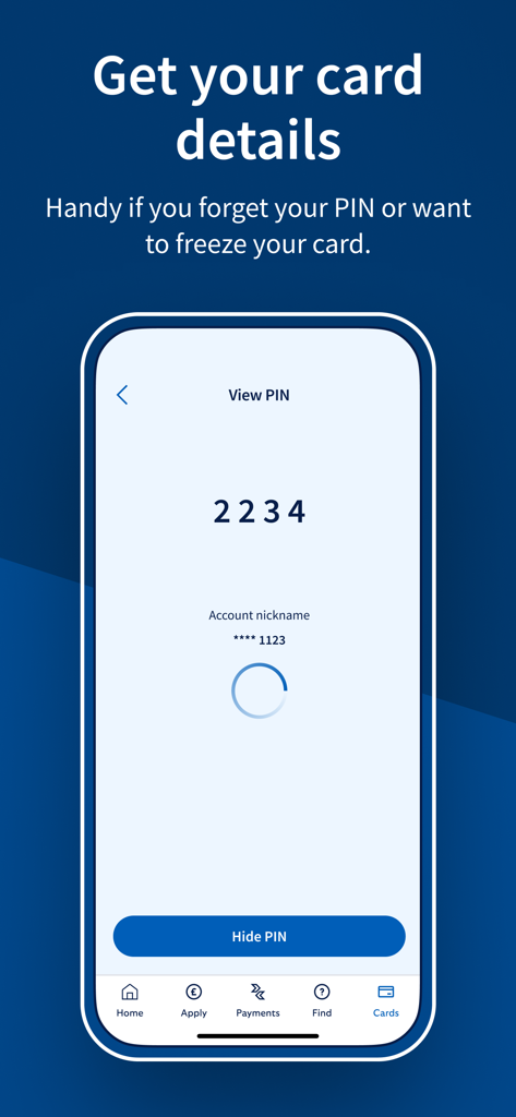 Halifax Mobile Banking - Pantalla de la aplicación bancaria Halifax que muestra una función segura para ver el PIN de una tarjeta de débito