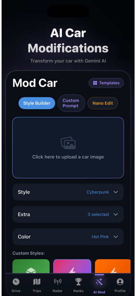 TripRank :Speed Tracker - TripRank app screen showing AI car modification features including style and color customization options