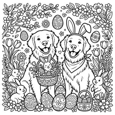 Dive into the festive spirit of Easter with this delightful coloring page featuring two cheerful Golden Retrievers. Surrounded by playful bunnies and beautifully decorated eggs, it's a perfect blend of puppy love and springtime joy.