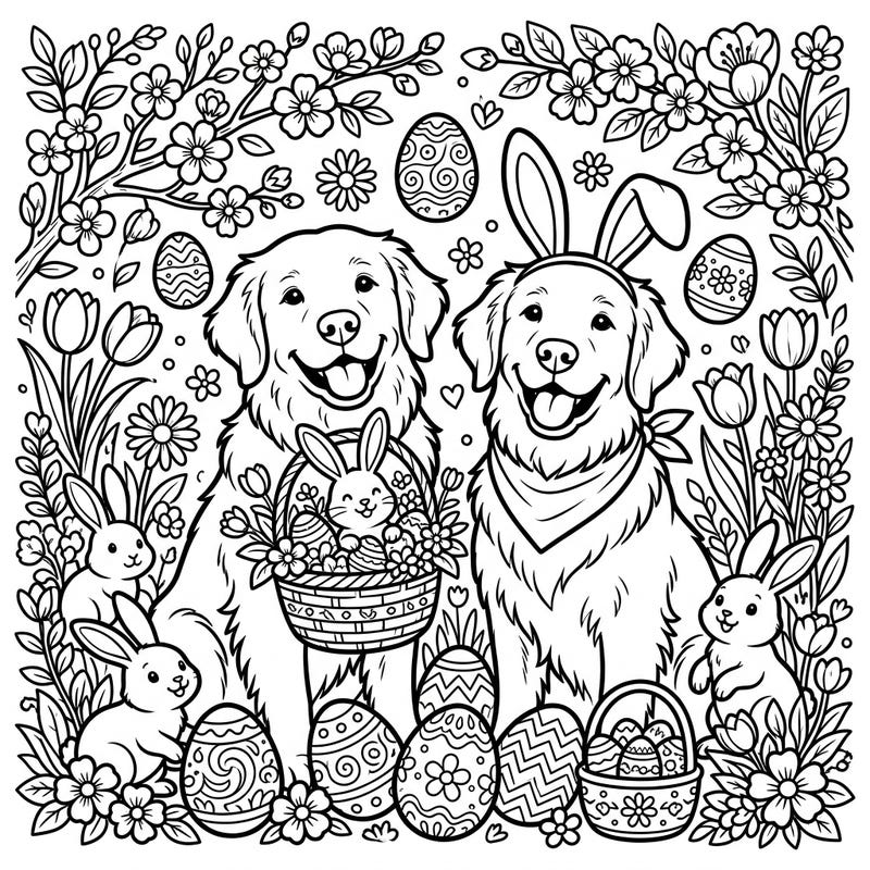 Dive into the festive spirit of Easter with this delightful coloring page featuring two cheerful Golden Retrievers. Surrounded by playful bunnies and beautifully decorated eggs, it's a perfect blend of puppy love and springtime joy.