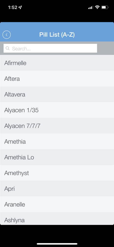 Alphabetical list of FDA approved birth control pill brands in the Oral Contraceptives mobile app