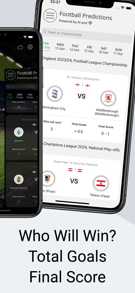 Interface of 1X2.TV app showing AI soccer match predictions for winner and score