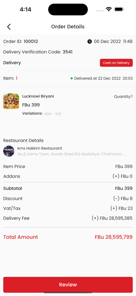 Pantalla de detalles del pedido en la aplicación Baza Burundi que muestra un resumen del pedido de comida con precios e información del restaurante