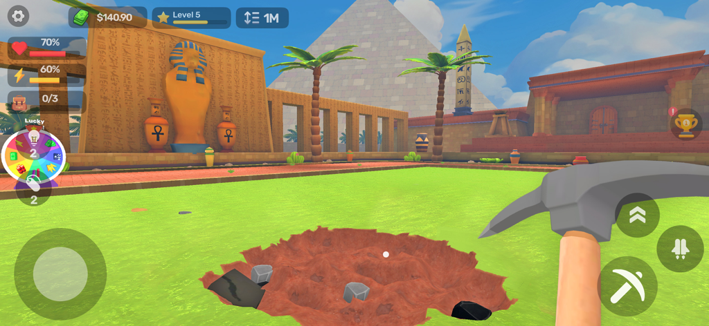 DIY Digging - Jugabilidad en primera persona de DIY Digging que muestra un pico y un hoyo en un entorno con temática egipcia con pirámides y estatuas.
