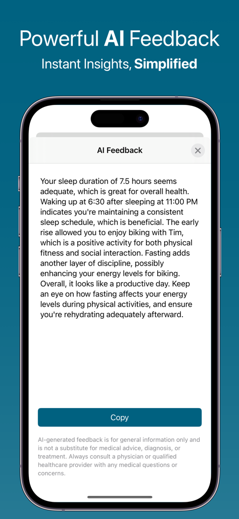 Sleep Tracker CPAP Feeltracker - Feeltracker ST mobile app screen displaying personalized AI feedback and sleep insights.