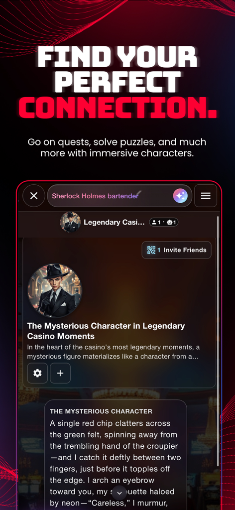 SimZ: Chat with AI Characters - Interfaz de la aplicación SimZ mostrando una historia inmersiva de rol IA con un personaje misterioso en una misión de casino.