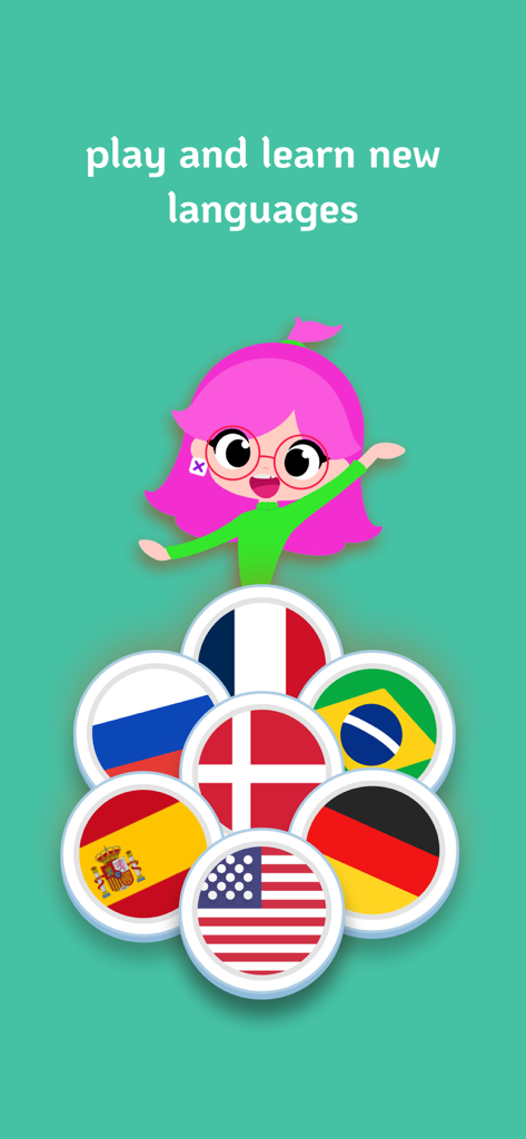 Kryss - The Battle of Words - Kryss 단어 게임에서 언어 학습을 홍보하는 다양한 국가의 국기 위에 서 있는 분홍색 머리카락을 가진 만화 캐릭터.