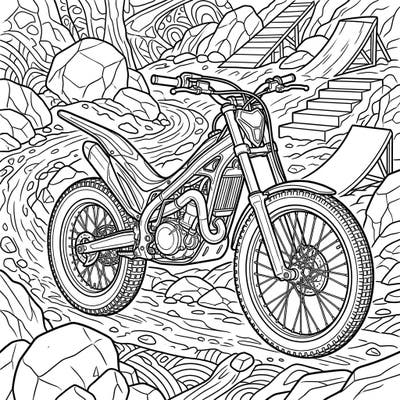 Get ready for an adrenaline rush with this detailed trial motorcycle coloring page, perfect for teens. Explore a rugged obstacle course filled with rocks, ramps, and challenging terrain awaiting your creative touch.