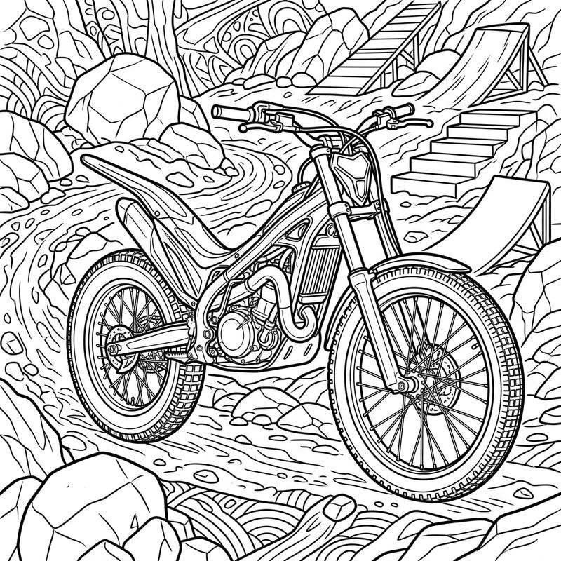 Get ready for an adrenaline rush with this detailed trial motorcycle coloring page, perfect for teens. Explore a rugged obstacle course filled with rocks, ramps, and challenging terrain awaiting your creative touch.