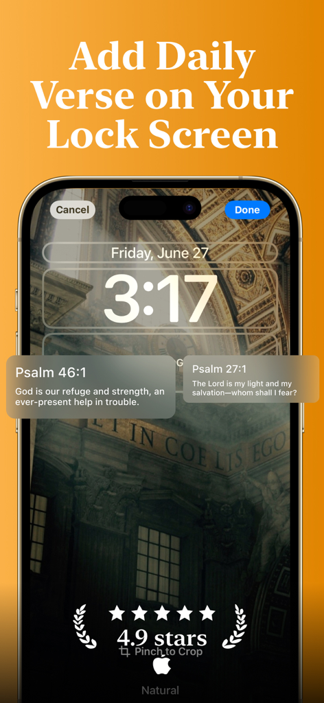 Schermata di blocco dell'iPhone che visualizza widget con versetti biblici quotidiani dall'app Christian Devotional and Faith.