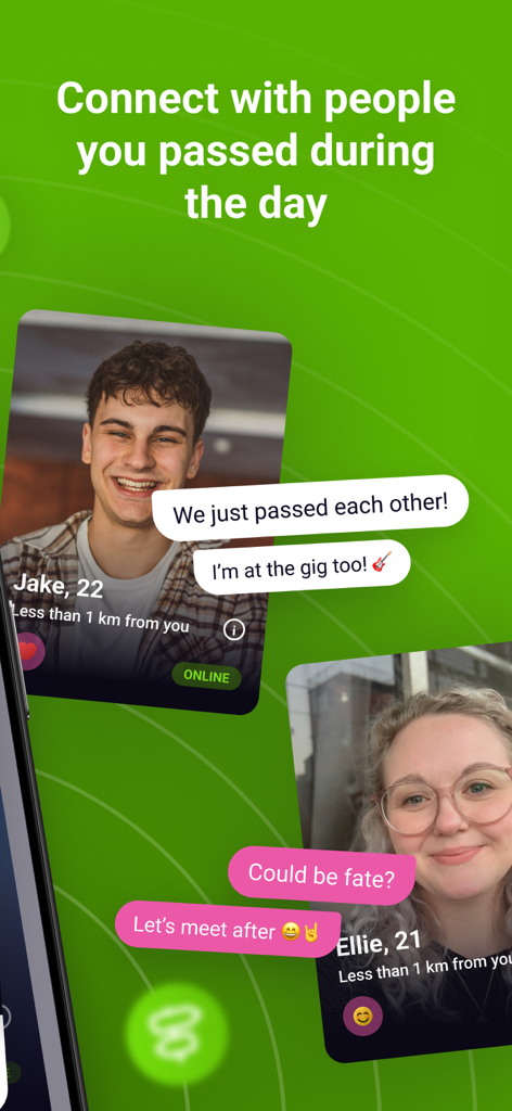 meet2more – dating and chat - Interface of the meet2more dating app showing profiles of users who have passed each other during the day with contextual chat messages