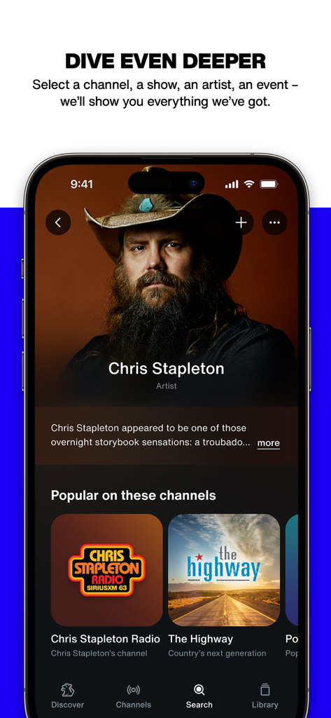 The SiriusXM app artist profile for Chris Stapleton featuring related radio channels.