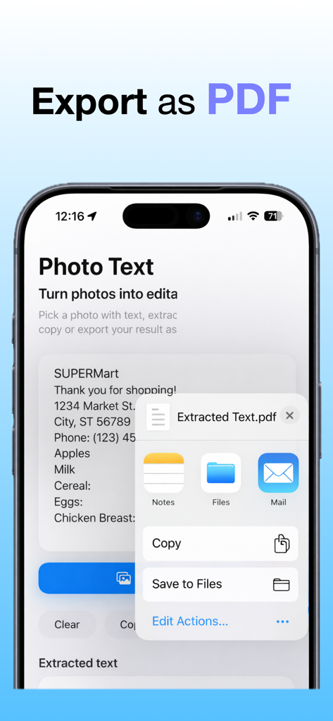 『写真からテキストPDFへ』アプリのインターフェース。iPhone上でNotes、Files、Mailへの共有オプション付きで、ドキュメントがPDFとしてエクスポートされている様子を示しています。