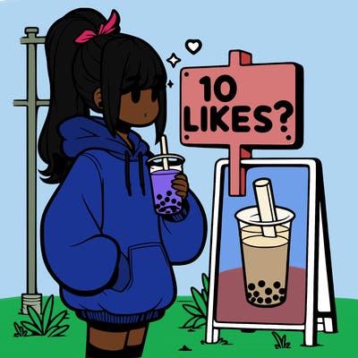 girl with oversized hoodie drinking boba and she has a high ponytail with a sign that says 10likes?