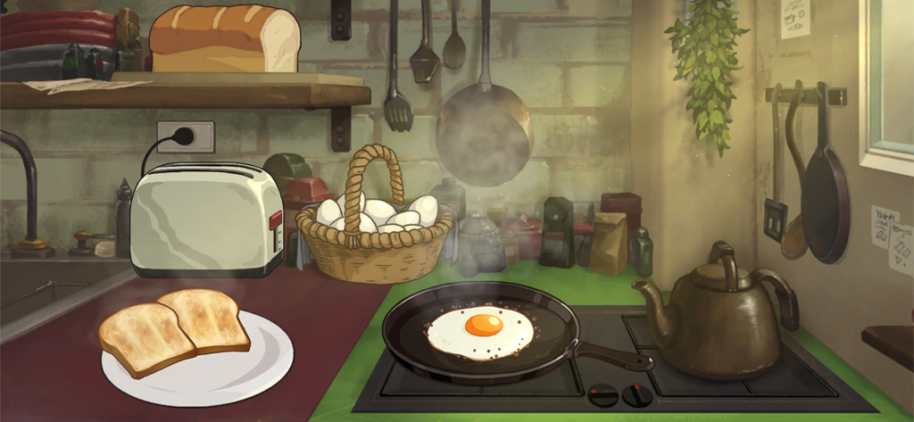 Crunchyroll: Behind the Frame - A hand-animated cozy kitchen scene from Behind the Frame featuring breakfast being prepared on a stove.