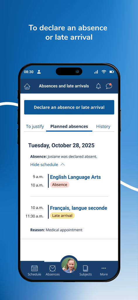 Clic école - Écran de smartphone de l'application Clic école montrant l'interface pour déclarer ou justifier une absence ou un retard d'élève