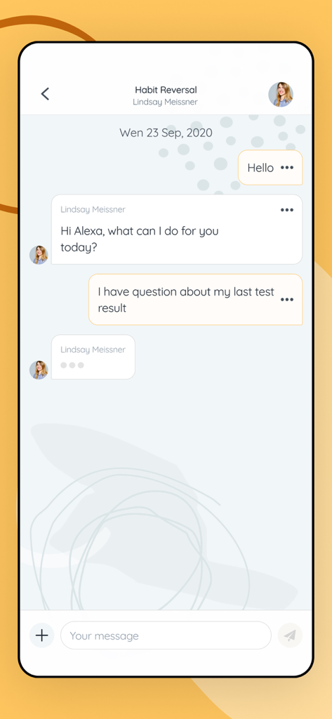 A chat interface in the SkinPick app showing a conversation between a user and a specialized therapist for habit reversal therapy.