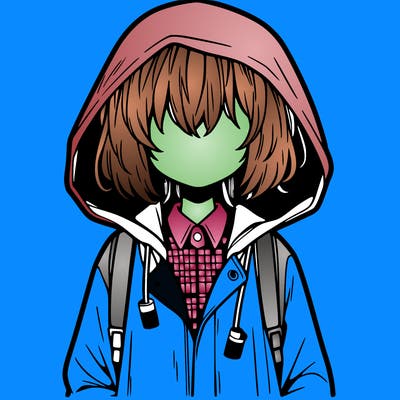 little anime girl in a raincoat her hair is covering her eyes she has a lighter