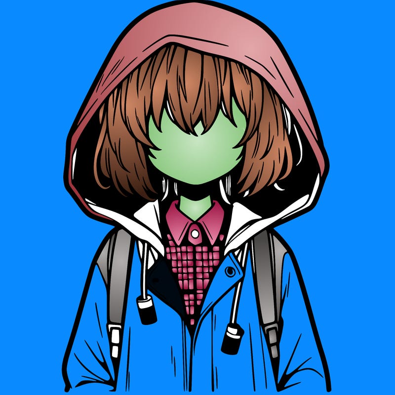 little anime girl in a raincoat her hair is covering her eyes she has a lighter