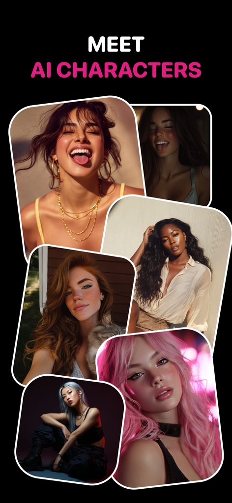 A collage showing diverse and realistic AI female characters available in the virtual girlfriend app.