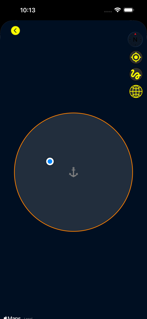 Anchor Plus - Anchor Plus app screen showing vessel position within the anchor alarm circle.