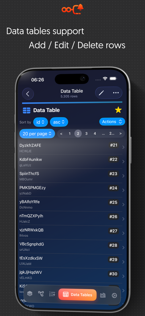 Infinity Workflows - Infinity Workflows mobile interface for managing and editing n8n data tables.