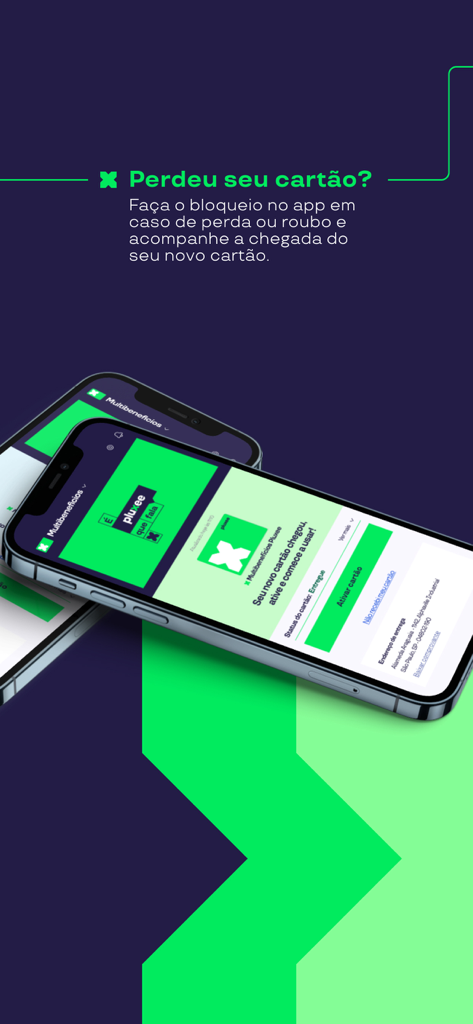 Pluxee Brasil - Pluxee Brasil app interface showing lost card blocking and new card activation features