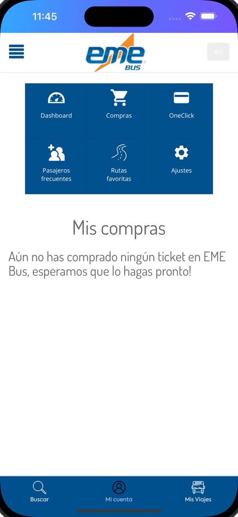 EME Bus - Interfaz de cuenta de la aplicación móvil EME Bus con historial de compras y menú de navegación