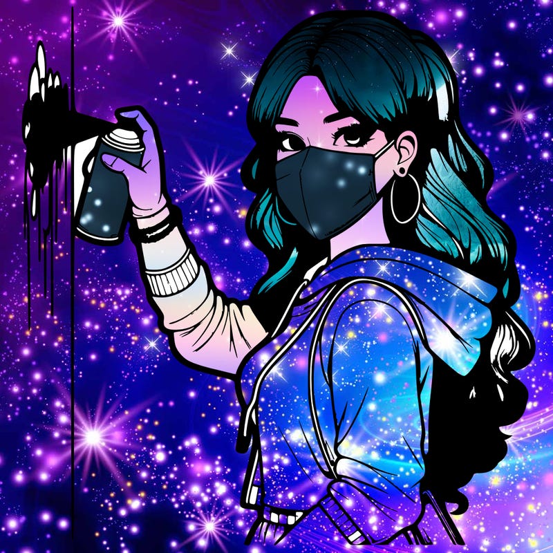 realistic girl with mask spray painting a wall