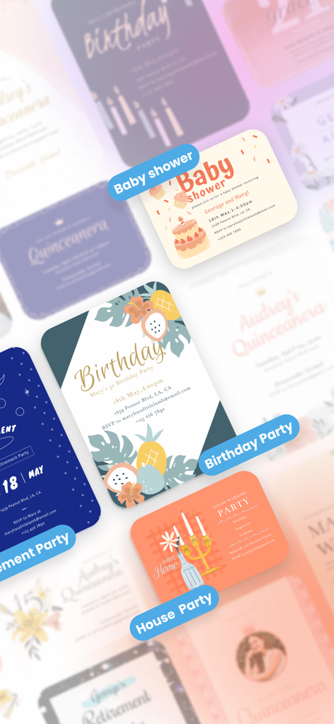 Vivipic - Invitation Maker - A variety of aesthetic invitation templates for baby showers, birthdays, and house parties.