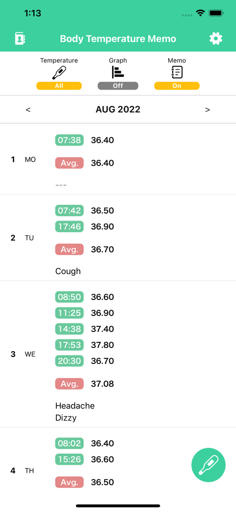 Body Temperature Memo - Vertical calendar list of body temperature logs with symptoms and daily averages