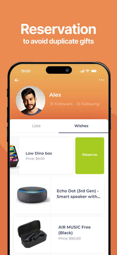 Wishlist Maker - Listery - Listery app user profile showing a gift wishlist with a reservation button to avoid duplicate gifts