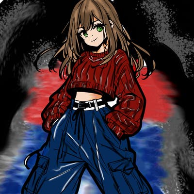anime teen girl with baggy pants and crop top with sweater