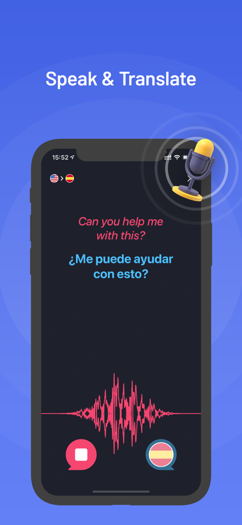 Translator X app interface showing the speak and translate feature with English to Spanish voice translation