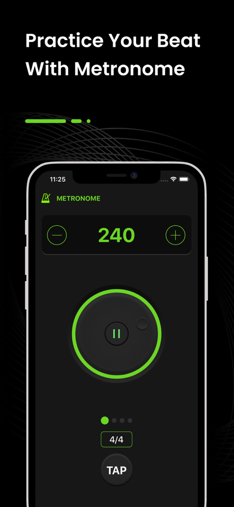 Guitar Tuner - GuitarTunio - Digitales Metronom-Display in der Guitar Tunio App mit 240 BPM und Tap-Tempo-Button