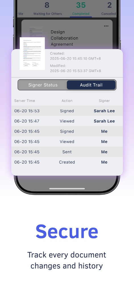 DottedSign - eSign & Fill Docs - DottedSignアプリの監査証跡。ドキュメント署名と履歴を追跡。