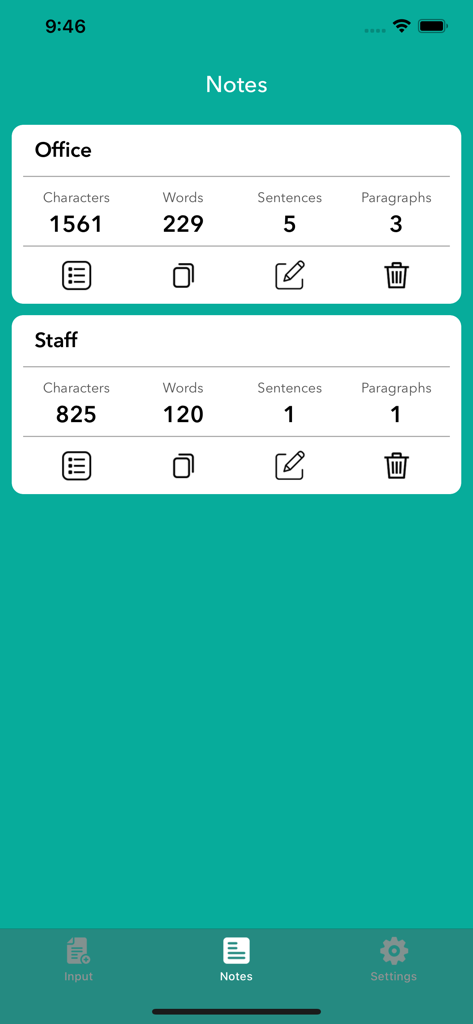 Un elenco di appunti salvati nell'app Word Counter che mostra statistiche su parole e caratteri