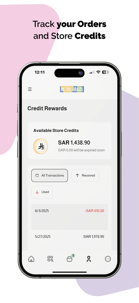 Um smartphone exibindo a tela do aplicativo METRO BRAZIL para rastrear créditos de loja e histórico de transações.