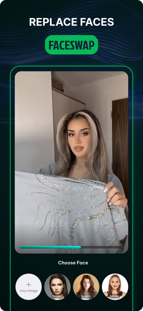 FaceAi - Reface & Dream Face - Interface of the FaceAi app showing the face swap feature with various face options
