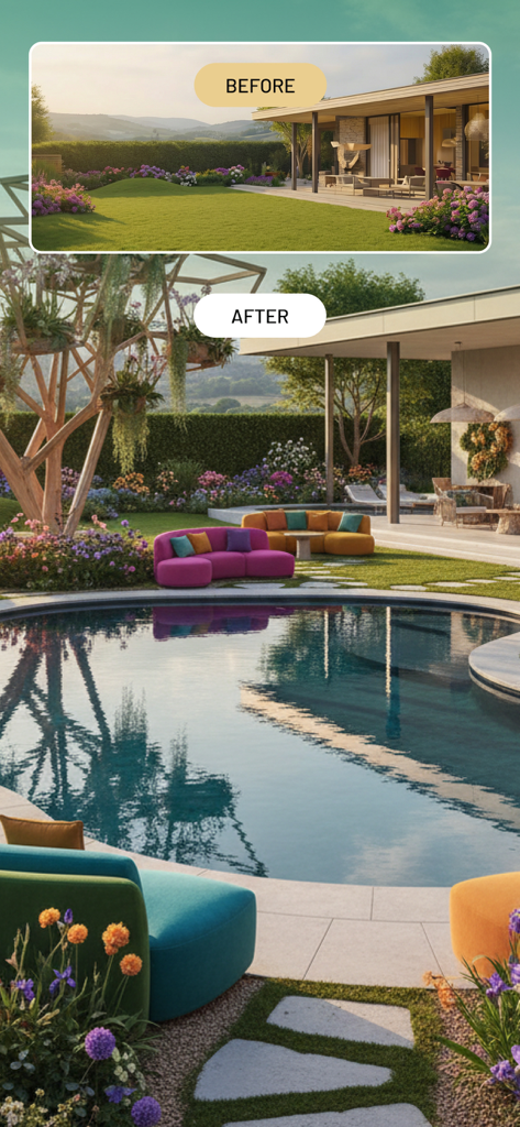 Vorher-Nachher-Vergleich eines Hinterhofs, der in eine moderne Landschaft mit einem Swimmingpool und bunten Möbeln mit KI verwandelt wurde