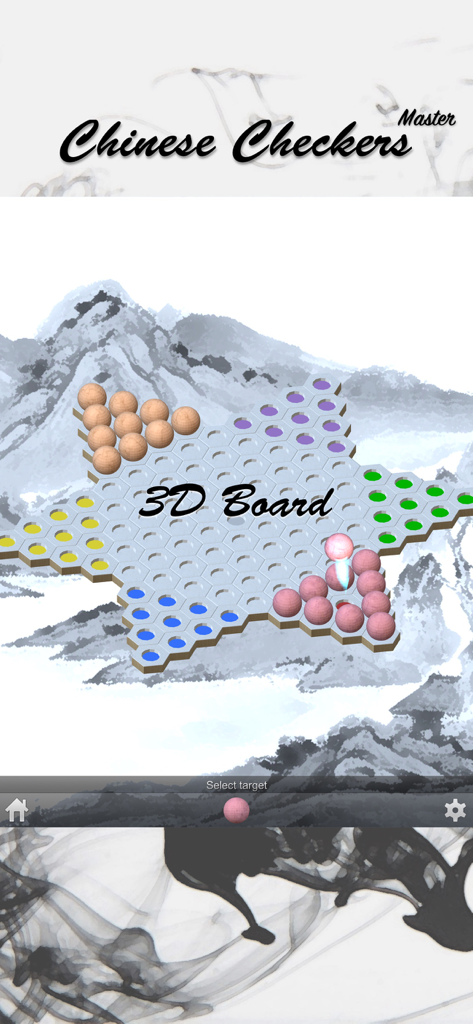 A 3D star shaped board with colorful marbles in the Chinese Checkers Master app