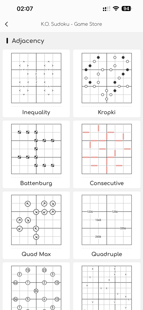 K.O. Sudoku Pro - K.O. Sudoku Pro app interface showing the Game Store with various adjacency puzzle types like Inequality and Kropki.
