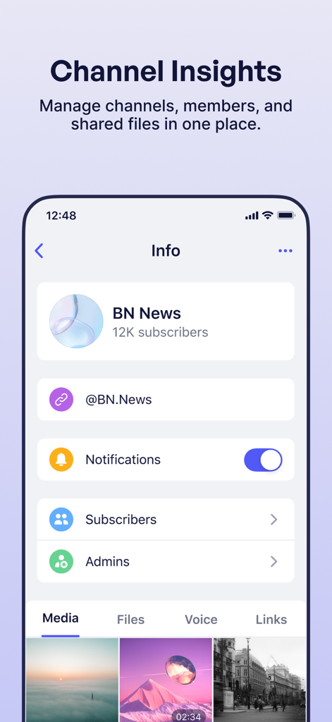 Sceyt Chat - Sceyt Chat demo app screen showing channel management insights with subscriber counts and shared media tabs