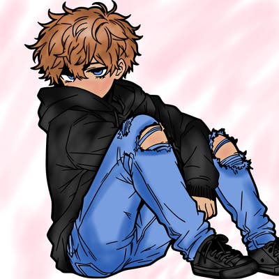 a male hoddie ripped jeans messy hair anime