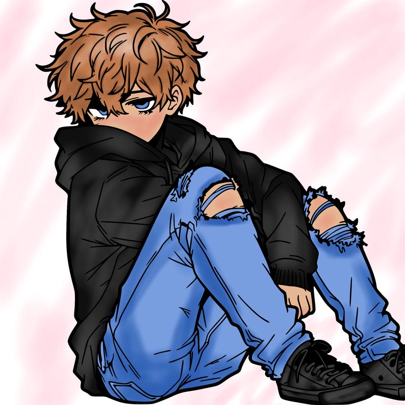 a male hoddie ripped jeans messy hair anime